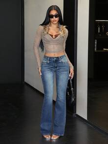 Jeanoix Y2K Butterfly Rhinestone Embellished Flared Jeans - Blue - View 6