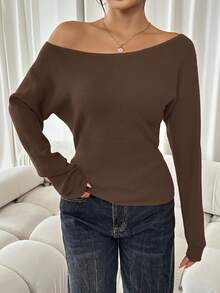 SHEIN SXY 女士纯色不对称领口休闲长袖红色毛衣休闲派对优雅家居性感秋冬休闲圣诞万圣节新年不对称上衣