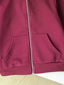 SHEIN 年轻女孩休闲百搭百搭连帽拉链夹克，秋冬 - 酒紅色 - 查看 3