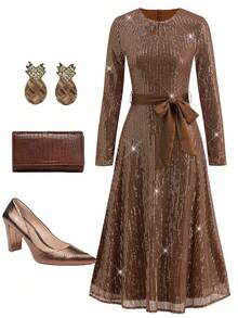 Ellevyn 女式亮片腰带优雅长袖连衣裙 - Orange Ignite - 查看 1