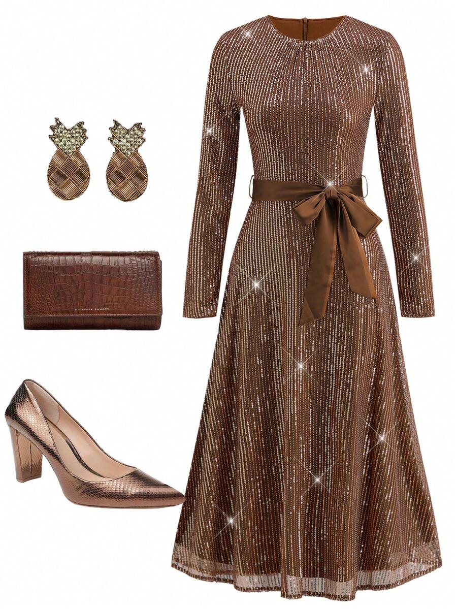 Ellevyn 女式亮片腰带优雅长袖连衣裙 - Orange Ignite - 查看 1