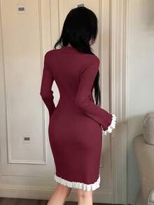 Feyla 拼色修身优雅针织迷你连衣裙，女士秋冬毛衣裙 - 酒紅色 - 查看 2