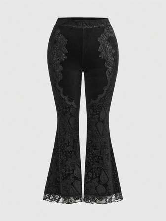 Plus Size Gothic Elegant Vintage Velvet Floral Lace Flare Pants, Autumn/Winter Plus Size Women Bottoms, Autumn/Winter Retro Luxurious Gothic Dark Style Banquet Dress Plus Size Women Bottoms