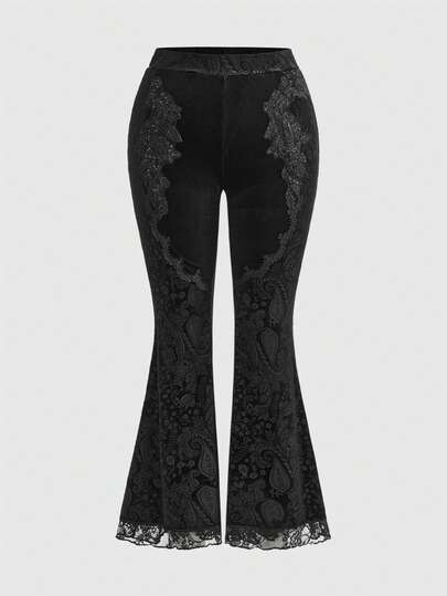 Plus Size Gothic Elegant Vintage Velvet Floral Lace Flare Pants, Autumn/Winter Plus Size Women Bottoms, Autumn/Winter Retro Luxurious Gothic Dark Style Banquet Dress Plus Size Women Bottoms