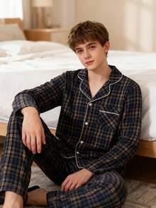 Conjunto de pijama casual y cómodo con cardigan de cuello de solapa a cuadros y pantalones para adolescentes