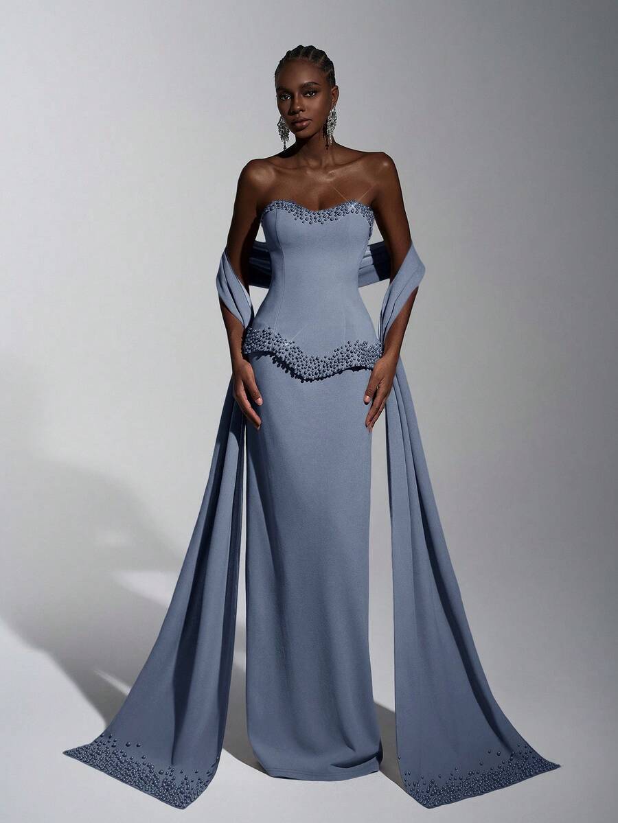 Elitara Elegant & Luxurious Women's Formal Evening Gown (Heavily Embellished) - Blue - View 1