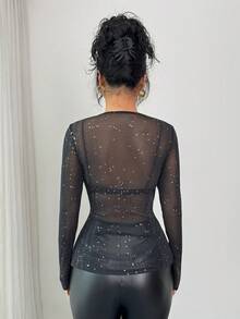 SHEIN PETITE 娇小女装时尚休闲亮片圆领长袖紧身性感网纱上衣 - 黑色 - 查看 2