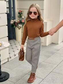 SHEIN Elladie kids 年轻女孩纯色高领泡泡袖上衣和格子裤 2 件套，秋季休闲装 - 棕色 - 查看 1