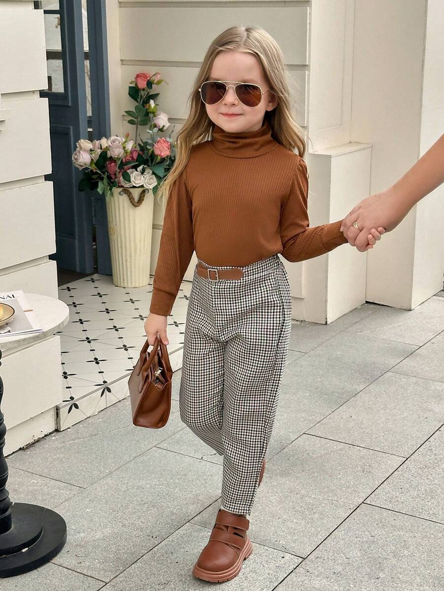 SHEIN Elladie kids 年轻女孩纯色高领泡泡袖上衣和格子裤 2 件套，秋季休闲装 - 棕色 - 查看 1