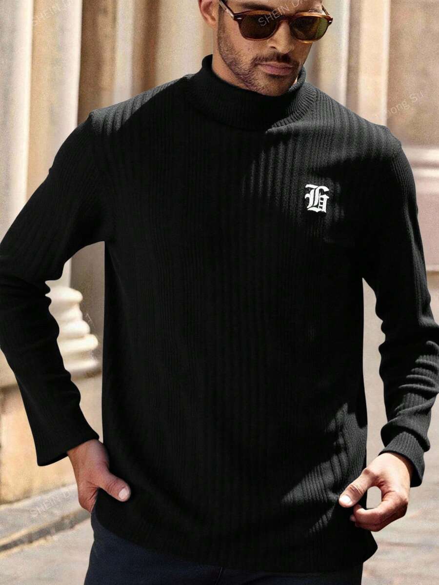 Manfinity NXTstreet 男士字母印花立领长袖修身休闲T恤 - 黑色 - 查看 1