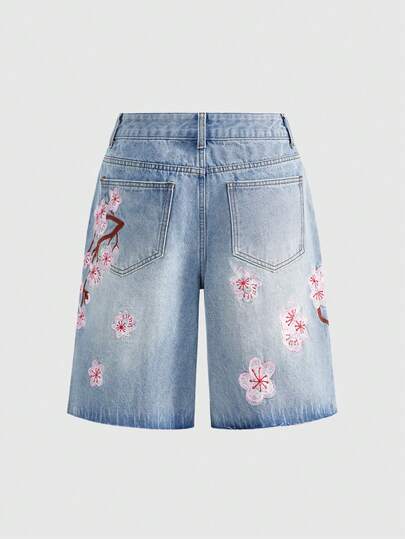 J-Fashion Short en jean ample à taille très basse avec broderie de fleurs de cerisier rétro Y2K, coupe ample, unisexe