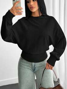 EURMUSE Structured Knit Sweater With Voluminous Sleeves Fitted Waist Curved Ribbed - Black - View 5