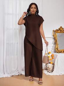 SHEIN Lady 四季两件套女装套装 秋季两件套休闲优雅女士白色编织立领优雅叠穿女士秋季套装 新款女士两件套 女士休闲两件套 - 咖啡棕 - 查看 6