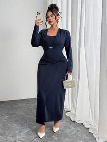 Modelyn Plus Size Women Elegant Solid Color Dress & Jacket 2 Pieces Set - Navy Blue - View 2