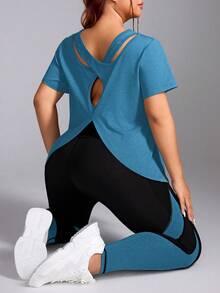 Rhythm Era Women's Solid Color Backless Short Sleeve T-Shirt And Leggings Sports Suit
