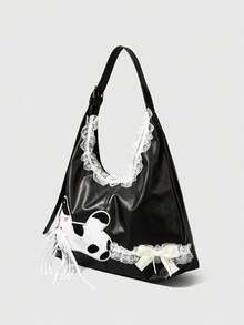 ROMWE Kawaii Einzelschulter, Umhängetasche, doppellagige Spitzen-Süßtasche - Schwarz - Übersicht 2