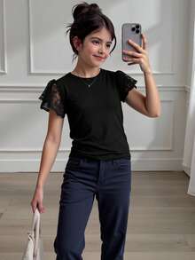 青少年女孩撞色蕾丝蝴蝶袖扭纹下摆 T 恤，假日，夏季，旅行