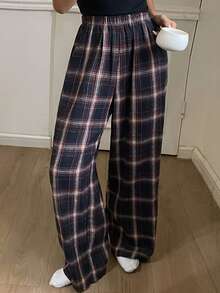 DAZY Women's Plaid Loose Pajama Bottoms, Autumn/Winter - Navy Blue - View 5