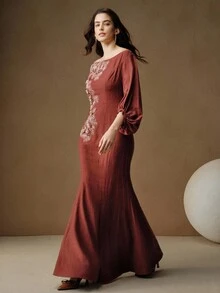 Anewsta 优雅露肩时尚春秋新年连衣裙，女士刺绣亚麻不对称袖长裙 - 棕色 - 查看 4