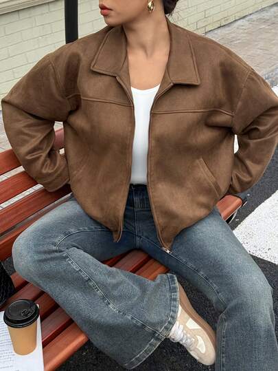 Dazy Plus Plus Size Women Casual Solid Color Zipper Collar Loose Motorcycle Jacket, Street Style, Autumn/Winter Women Coats