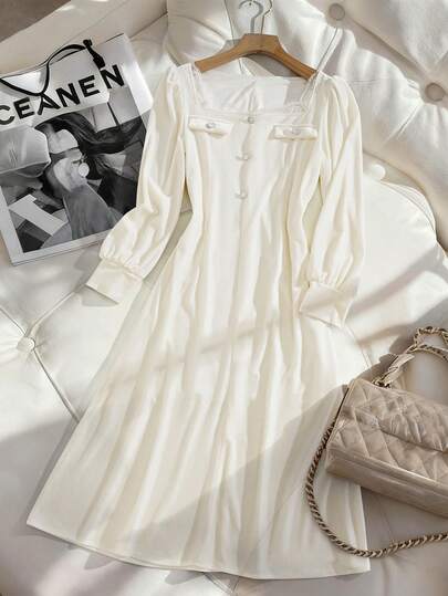 GlowEve Women's Solid Color Button Design Contrast Lace Square Collar Long Sleeve Elegant Dress