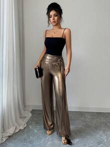 Chiquease Women's Fashionable Commuter Metallic Ribbon Straight Leg Pants Satin Pants Gold Pants - Bronze - View 3