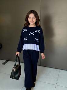 Genkimix Kids 2pcs/Set Girls' Korean Style Loose Fit Floral Print Sweatshirt With Bow Decor - Navy Blue - View 3