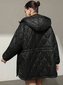 Aveloria Modichic 女式格纹束腰设计休闲日常夹棉大衣，带拉链装饰，棕色，秋冬 - 黑色 - 查看 2