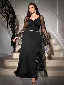 Gownix 大码女士优雅派对连衣裙，甜心领口透视网纱亮片流苏喇叭袖褶皱腰身连衣裙 - 黑色 - 查看 7