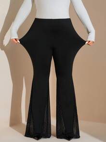 SHEIN Tall CURVE 加大码纯色简约喇叭裤，女士休闲日常秋季服装 - 黑色 - 查看 1