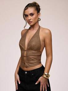SHEIN BAE 女士时尚性感露背吊带上衣 - 棕色 - 查看 4