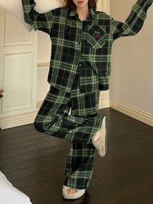 DAZY Women's Plaid Embroidered Strawberry Pattern Pajama Set, Autumn/Winter - Green - View 5