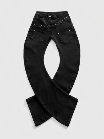 Street Life Jeans en denim à couches incurvées avec décoration de rivets, mode homme