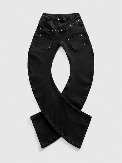 Street Life Jeans en denim à couches incurvées avec décoration de rivets, mode homme