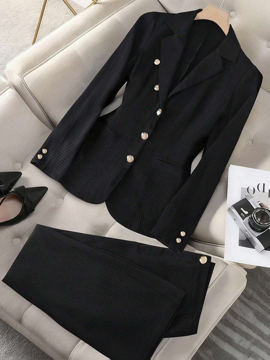 GlowEve Textured Fabric Asymmetric Lapel Metal Button Elegant Blazer & Pants Women 2 Pieces Set - Black - View 1
