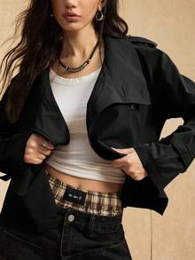 Easelle 复古游牧风高领腰部纽扣女士黑色风衣 女士风衣腰带风衣 女士外套 秋冬女士夹克 - 黑色 - 查看 3