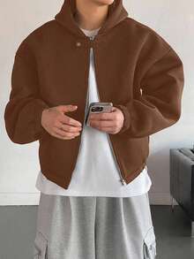 DAZY Men's Short Thick Hooded Sweatshirt Sweatshirt With Button Placket Design, Coffee Brown, Autumn/Winter - Coffee Brown - View 2