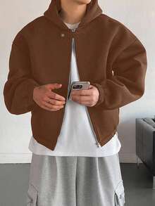 DAZY Men's Short Thick Hooded Sweatshirt Sweatshirt With Button Placket Design, Coffee Brown, Autumn/Winter - Coffee Brown - View 5