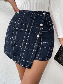 Almamuse 优雅通勤格子裹身不对称下摆短裤 - 藏蓝色 - 查看 4