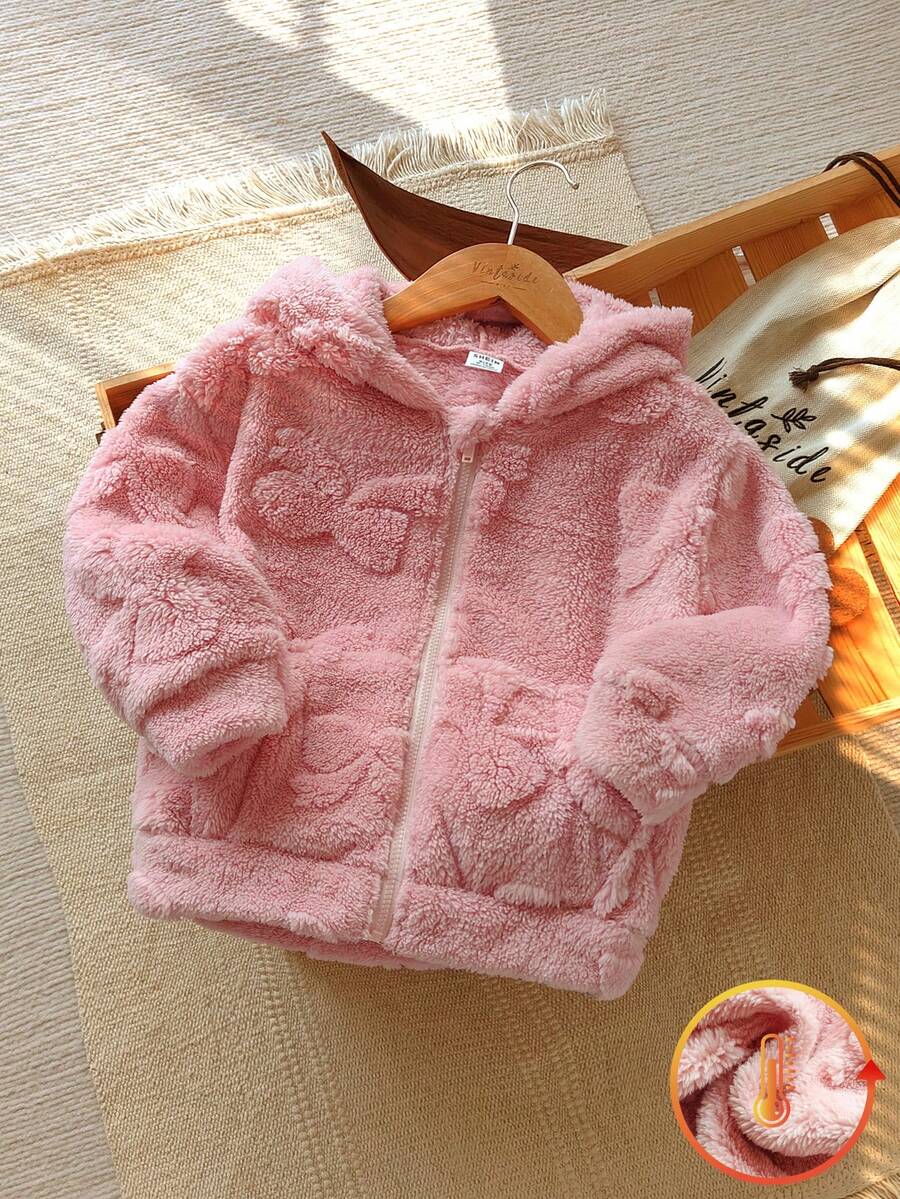 SHEIN Vintaside Kids 女童可爱黑色爱心时尚舒适连帽长袖外套，秋冬季 - 粉色 - 查看 1
