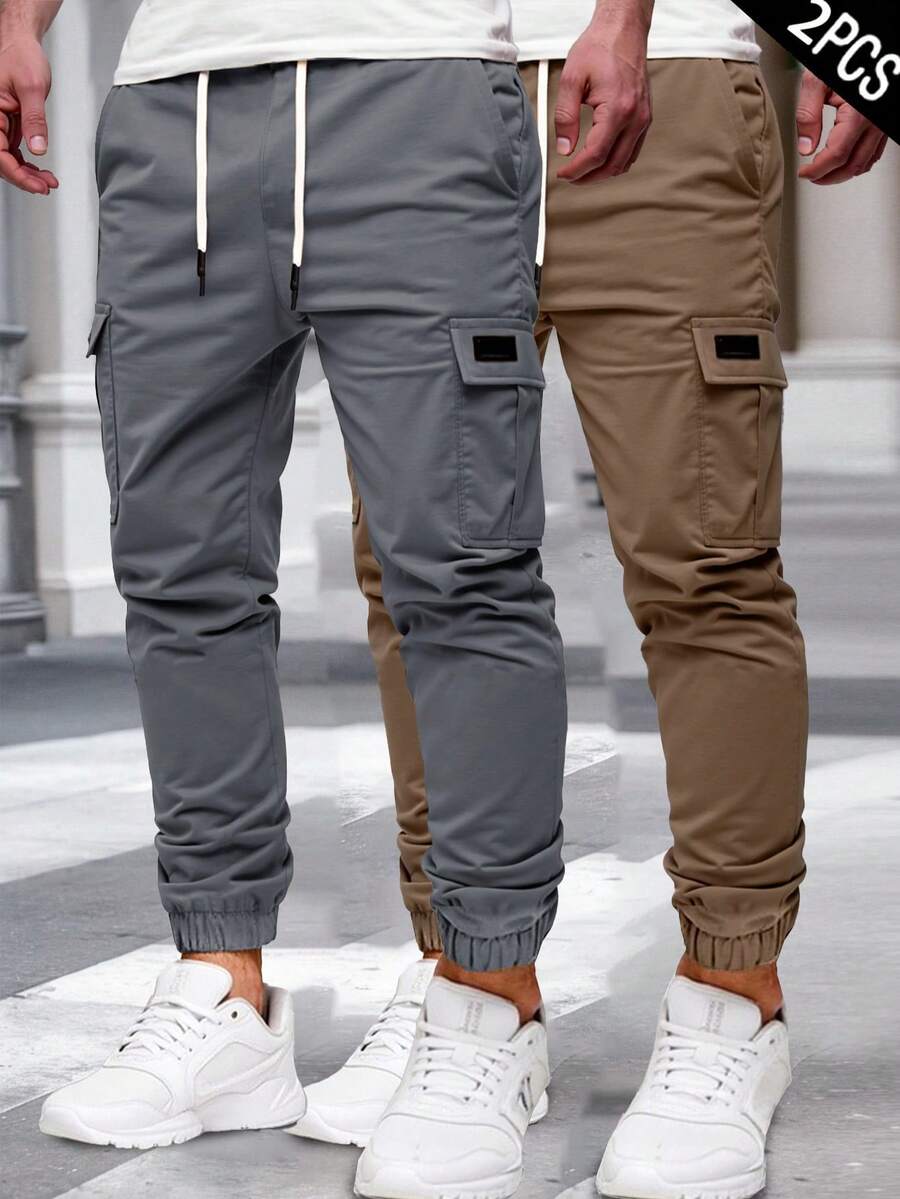 Manfinity Homme بنطلون كاجوال رجالي بخصر مطاطي وجيوب حمولة بلون أحادي - متعدد الألوان - مشاهدة 1