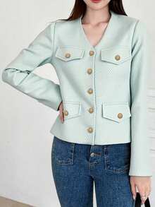 DAZY Chaqueta corta elegante de mujer con cuello en V, mangas raglán y cierre delantero de botones - Celeste - Ver 4