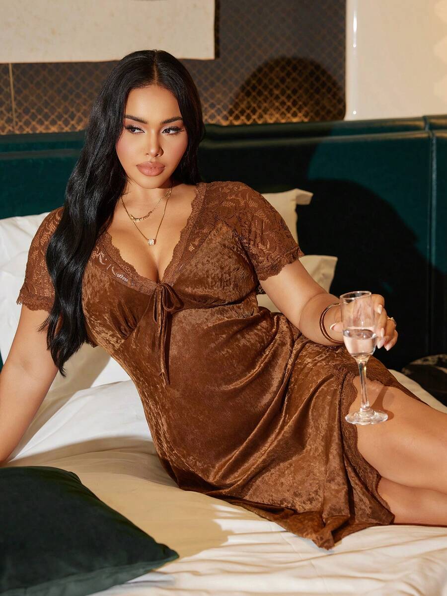 SilkySpell Plus Size Women Sexy Lace & Velvet Nightgown - Brown - View 1