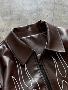 AXEPEAK Men's Autumn Flame Pattern Long Sleeve Zip-Up Casual PU Leather Jacket, For Fall Winter - Bronze - View 4