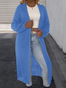 SHEIN LUNE Plus Size Women Solid Color Drop Shoulder Long Sleeve Pocket Loose Casual Knit Cardigan, Autumn/Winter - Blue - View 4