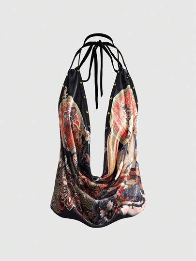 Top sin espalda con cuello drapeado en V profunda con estampado de estatua de Buda oriental de estilo neotradicional chino vintage