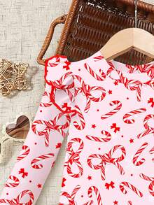 SHEIN Happikins Young Girl Christmas Cute Sweet Pink Bow Candy Cane, Cute Bow Print Casual Loose Fit Long SleeveSnug Fitn Dress, Suitable For Autumn/Winter - Multicolor - View 4
