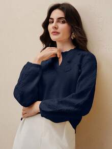 Anewsta Women's Embroidered Floral Navy Blue Sweater, Scissor Collar Design, Fashionable Loose Knit Top, Elegant Outerwear For Spring - Navy Blue - View 5