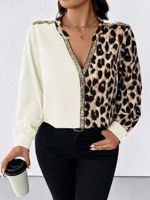 Camicetta di moda da donna taglie forti con scollo a V, maniche lunghe, patchwork con paillettes e blocchi di colore