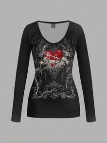 Attitoon Punk Wing Cross Heart Pattern V-Neck Long Sleeve T-Shirt For Women, Y2K Style, Streetwear Vintage. Suitable For Back To School, Retro, Fall, Vacation Casual, Autumn/Winter, Hip-Hop, Core Aesthetic, Gothic Cybersigilism, And Gyaru Style. Goth Goth - White - View 2